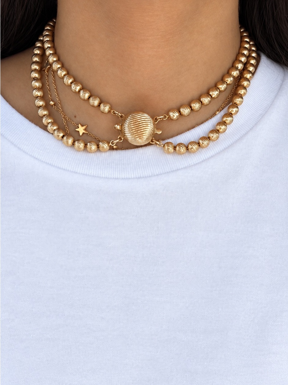 Rare Vintage Sara Coventry 2 Or 1 Strand Fluted GoldTone Metal Bead Necklace
